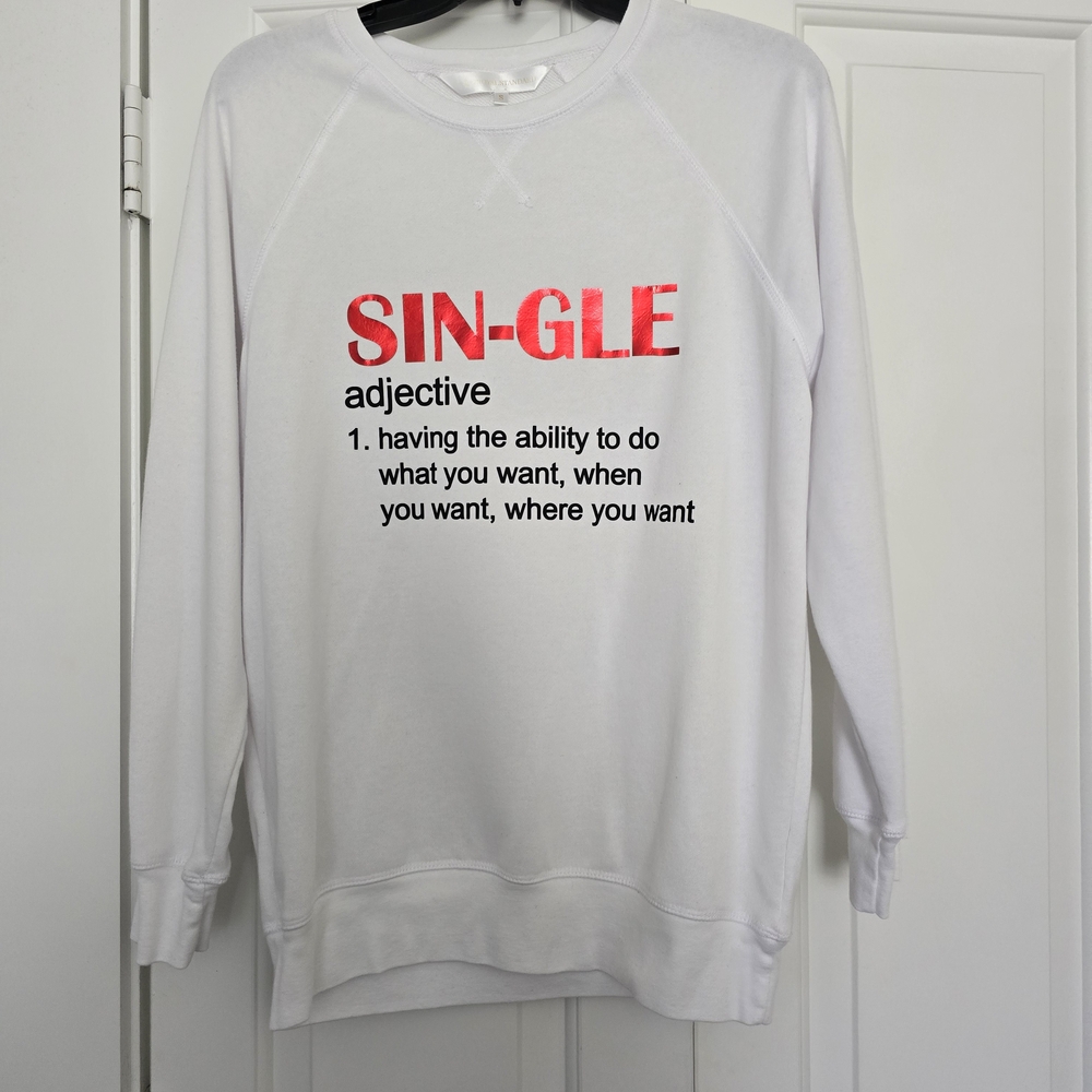 Custom-made White Graphic Sweatshirt with Red and Black Text "SIN-GLE"